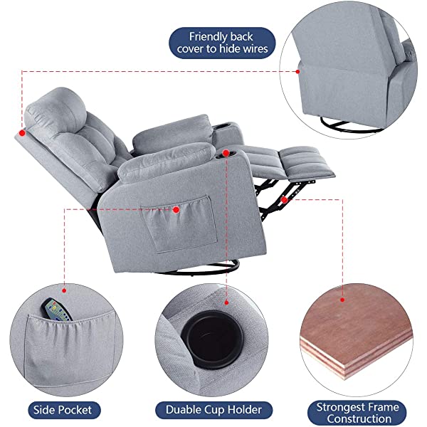 Esright Grey Fabric Massage Recliner Chair 360 Degrees Swivel Heated Ergonomic Lounge Chair