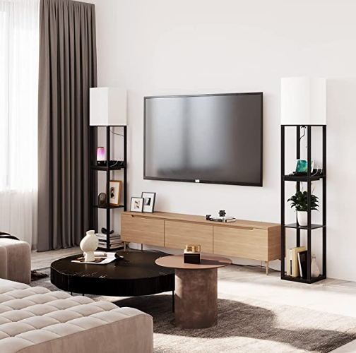 SUNMORY Floor Lamp with Shelves,Modern Dimmable Solid Wood Standing Lamp Both with 1 Drawer and 2 USB Ports & 1 Power Outlet,Corner Tall Bookshelf Lamp for Living Room and Bedroom(Black)