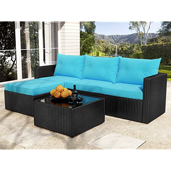 Allewie Dark Grey Patio Conversation Set, 3 Pieces PE Wicker Rattan Outdoor Furniture Set, Lounge Sofa and Loveseat with Cushions, Tempered Glass Coffee Table (Black & Dark Grey) Dark Grey & Black