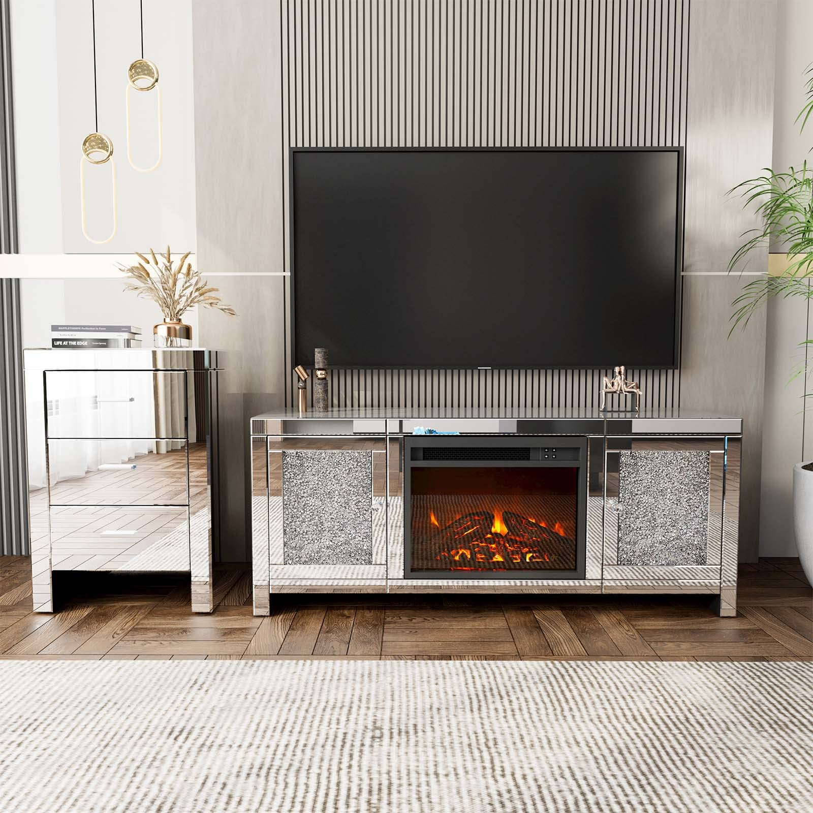 【Furniture】Mirrored Fireplace TV Stand, Mirrored Media Entertainment Center for TV up to 55 inch