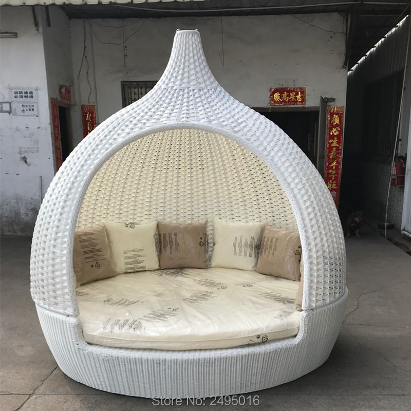【Home&Garden】Outdoor Rattan leisure Daybed outdoor Furniture , Roofed Lounger Wicker Patio Chaise Lounge Daybed for poolside,hotel white