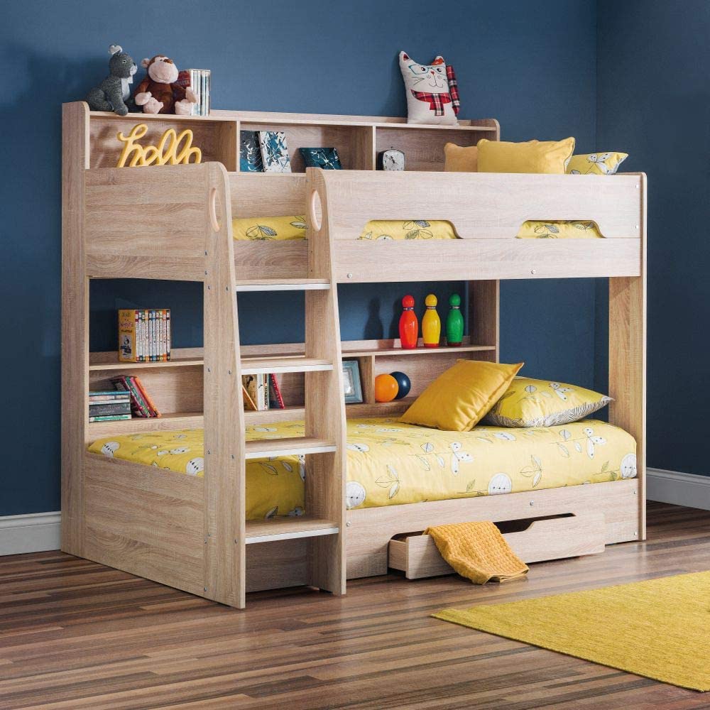 【Furniture】Wooden Bunk Bed with Underbed Storage Drawer, Modern Twin Sleeper with 2 Pocket Sprung Mattresses