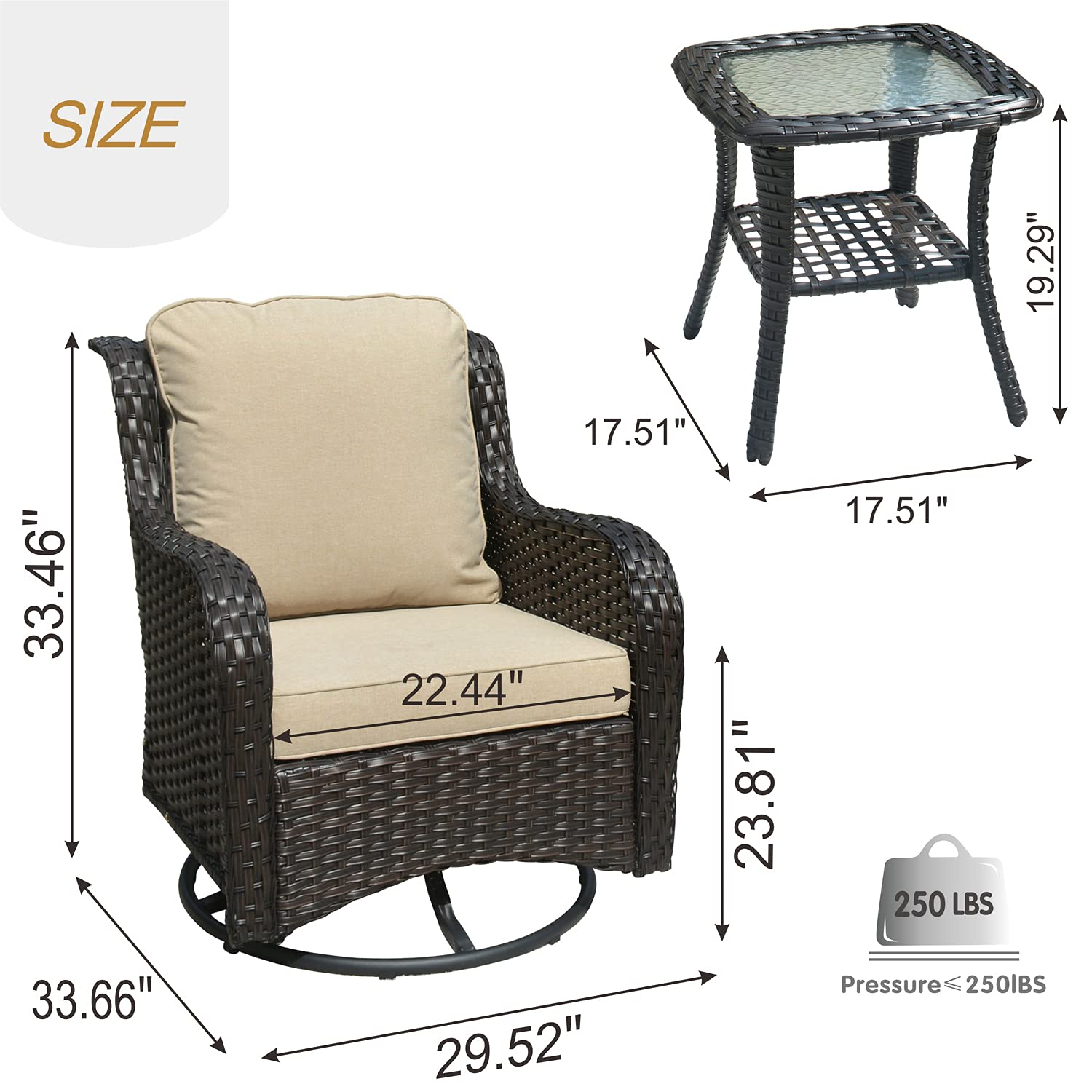 【Furniture】Patio Chair Outdoor Wicker Swivel Rocker Patio Chairs Set of 2 & Matching Side Table