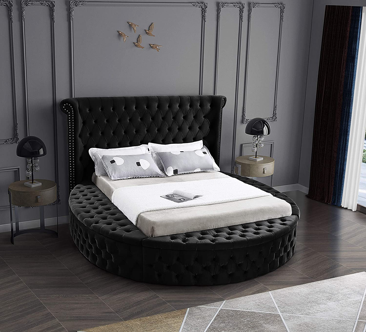 【Furniture】Contemporary Round Shaped Velvet Upholstered Bed with Deep Button Tufting & Footboard Storage, King
